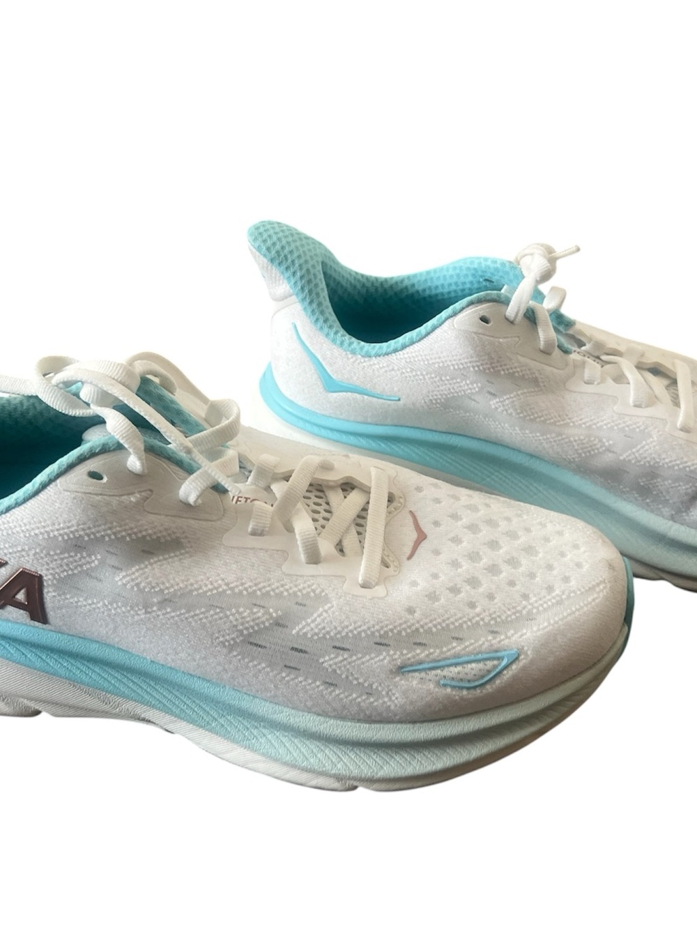 HOKA Women's Clifton 9 in the Frost / Rose Gold colorway, white mesh, sky blue. - Picture 4 of 8